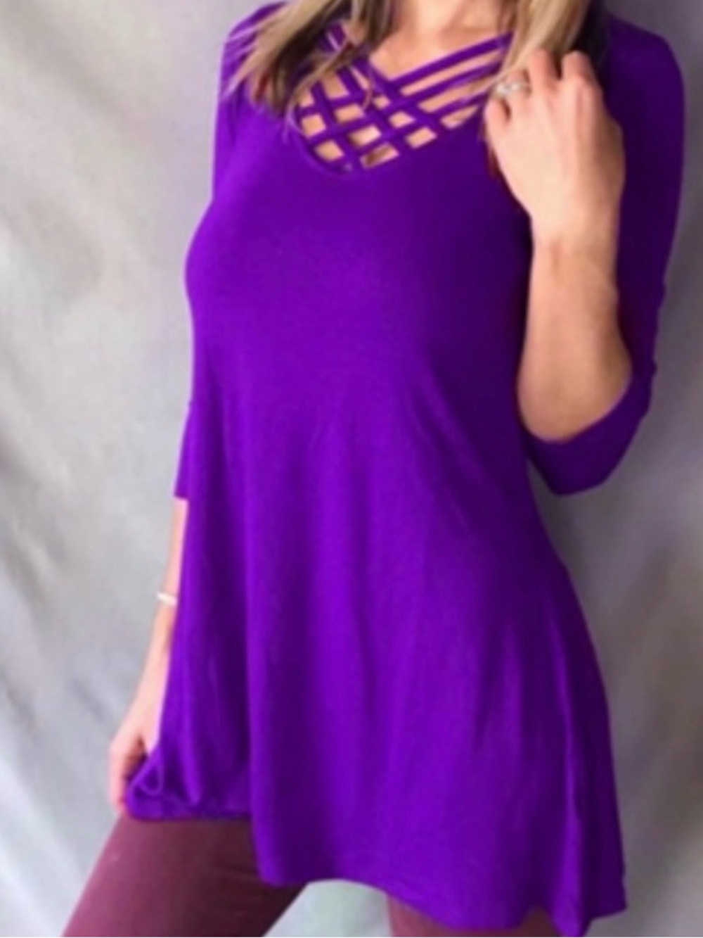 Zenana Outfitters Purple Crisscross V-Neck Long Sleeve Dress